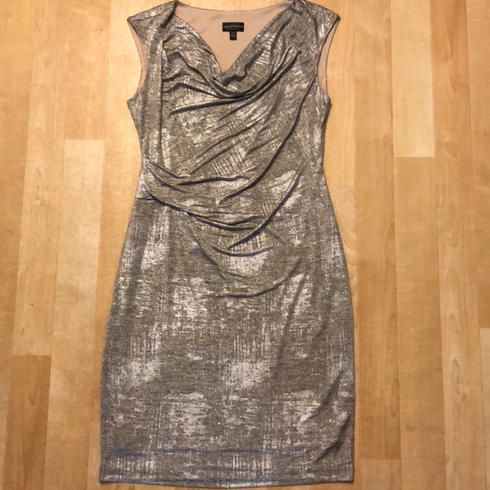 Connected Apparel Metallic Cowl Neck Sheath Dress